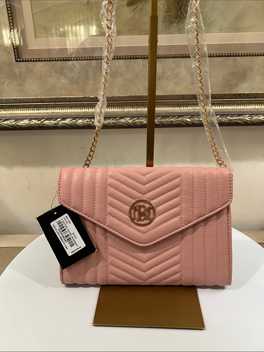 Badgley Mischka Blush Pink Quilted Chevron Crossbody with Gold Chain NWT